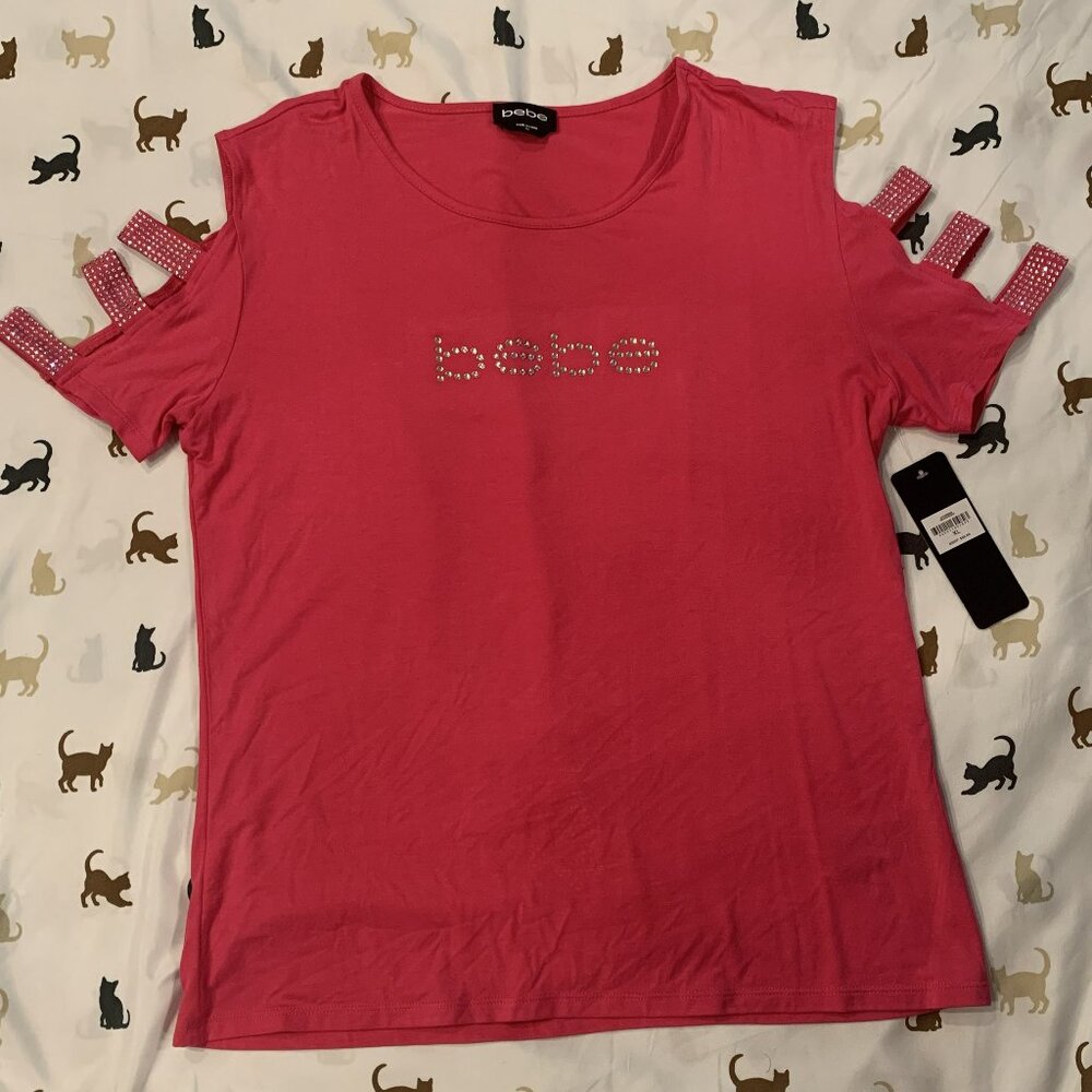 NWT Bebe hot pink tee with rhinestone details